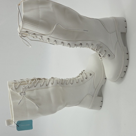 Women's White Knee-High Lace-Up Boots PU and Knit Material New - Picture 11 of 16